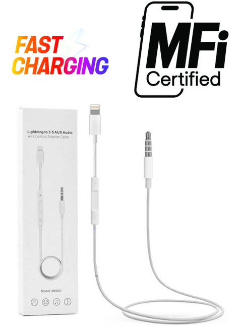 3.5mm Male To Lightning Stereo Audio Aux Cable For Apple iPhone X/XS Max/XR/1/8 Plus/8 White