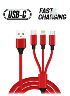 3-In-1 Micro USB Type-C And Lightning Data Sync Charging Cable Red