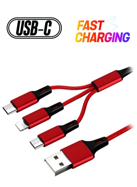 3-In-1 Micro USB Type-C And Lightning Data Sync Charging Cable Red