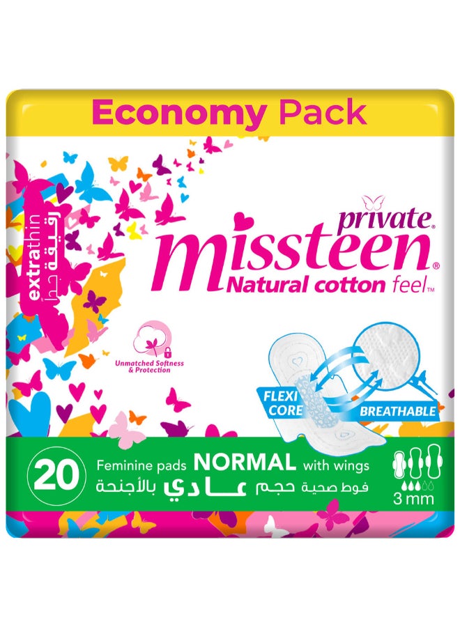 Private - Natural Cotton Feel, Extra Thin Miss Teen,Sanitary Pads, 20 Pads - Image 1