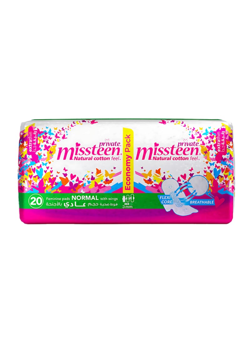 Private Natural Cotton Feel, Extra Thin Miss Teen,Sanitary Pads, 20 Pads  - Image 1