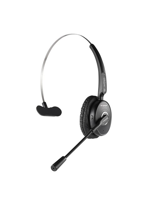 Wireless Mono Headset, Premium Bluetooth Headphone with Noise Cancelling Mic, HD Voice, Built-In Controls and Adjustable Fit Headband for Skype, Stage Speaker, Teaching, Engage Black