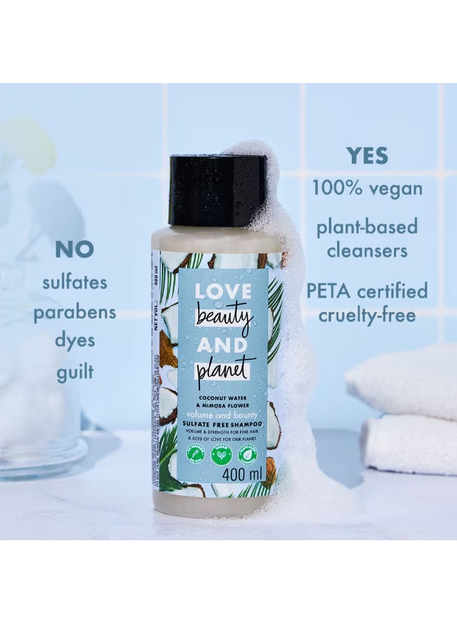 love beauty and planet - Coconut Water And Mimosa Flower Shampoo For Volume And Bounce, No Sulphates And Parabens 400ml - Image 1