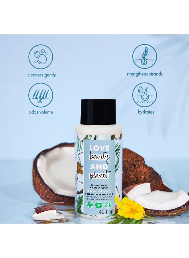 love beauty and planet - Coconut Water And Mimosa Flower Shampoo For Volume And Bounce, No Sulphates And Parabens 400ml - Image 1