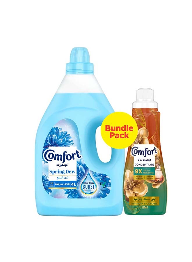 Comfort Spring Dew Dilute Fabric Softner 4L + Concentrate Lily Musk & Caramel 650ml Combo 4L+650ml - Image 1