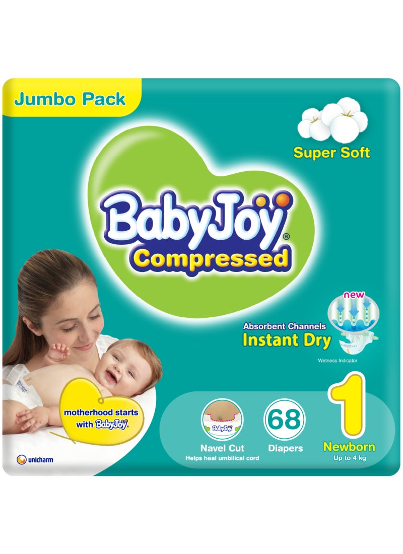 BabyJoy 2X Compressed Diamond Pad Diaper, Size 1, Newborn, 0-4 Kg, Jumbo Pack, 68 Diapers - Image 1