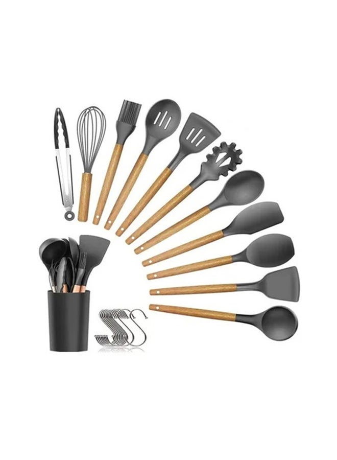 طقم أدوات طهي مع حامل أسطواني ومقبض من الستانلس ستيل مكون من 8 قطع أسود/فضي - Image 1