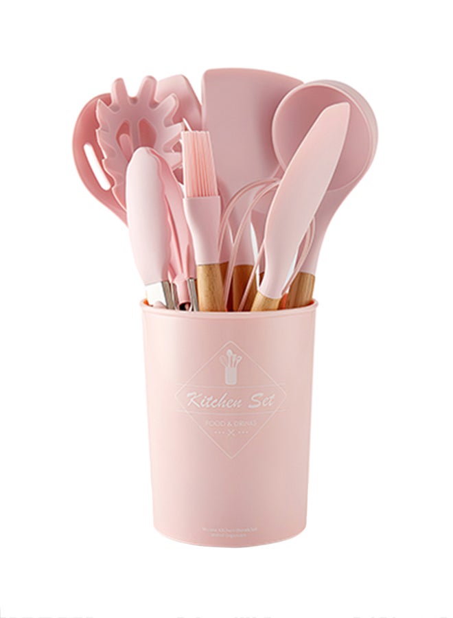 Generic 12 Piece Barreled Cooking Utensils Set With Wooden Handle Pink  - Image 1