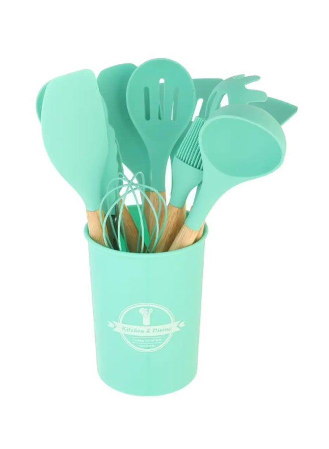 Generic 12 Piece Barreled Cooking Utensils Set With Wooden Handle Mint Green  - Image 1