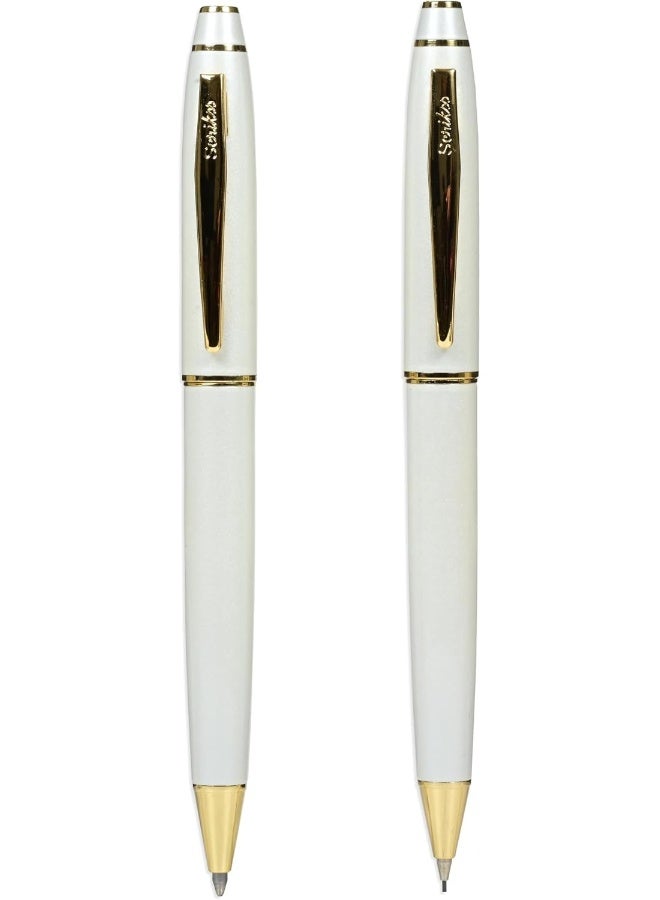 Scrikss Noble 35 White Gold Ballpoint Pen and Mechanical Pencil Set White and Gold - Image 4