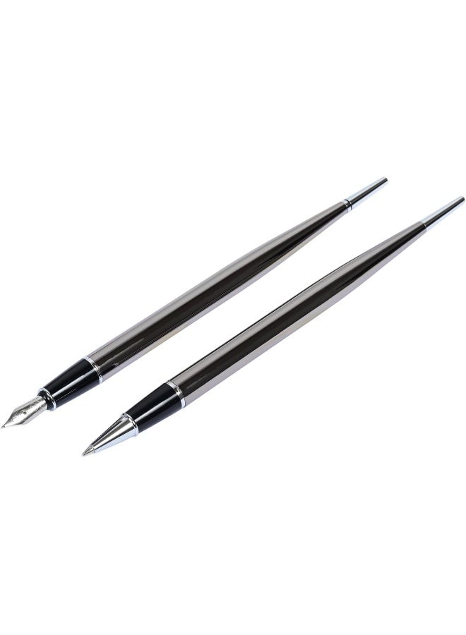 SCRIKSS Meteor Grey Pen Holder Gift Set with 2 Silver Stainless Pens, Ballpen and Fountain Pen in Luxury Gift Box Meteor Grey - Image 3