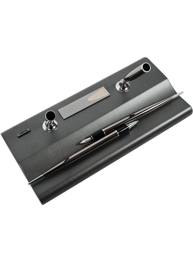 SCRIKSS Meteor Grey Pen Holder Gift Set with 2 Silver Stainless Pens, Ballpen and Fountain Pen in Luxury Gift Box Meteor Grey - Image 4
