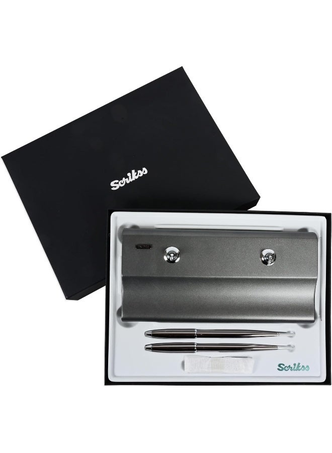 SCRIKSS Meteor Grey Pen Holder Gift Set with 2 Silver Stainless Pens, Ballpen and Fountain Pen in Luxury Gift Box Meteor Grey - Image 2