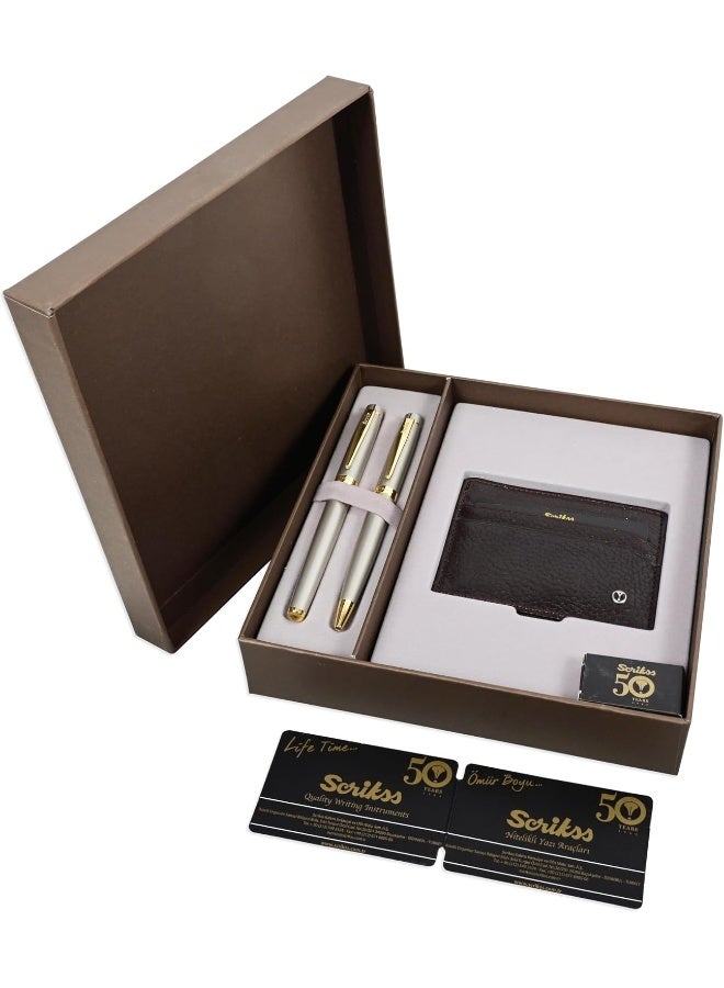 Scrikss Gift Set DR202 - Wallet, Ballpen, and Fountain Pen Gold/Silver/Brown - Image 1
