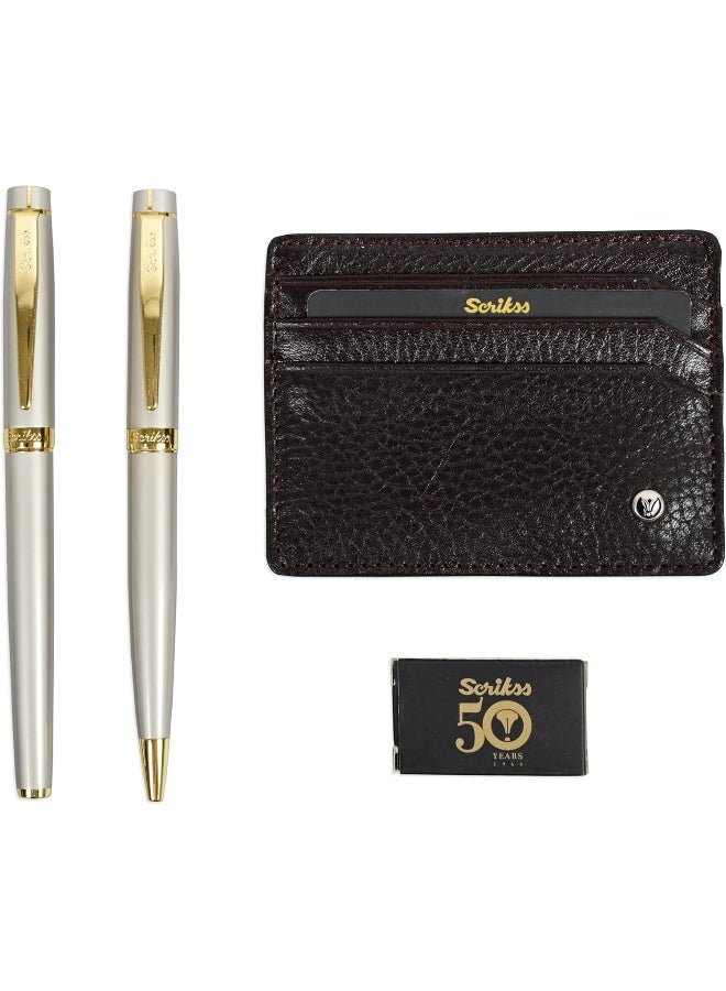Scrikss Gift Set DR202 - Wallet, Ballpen, and Fountain Pen Gold/Silver/Brown - Image 2