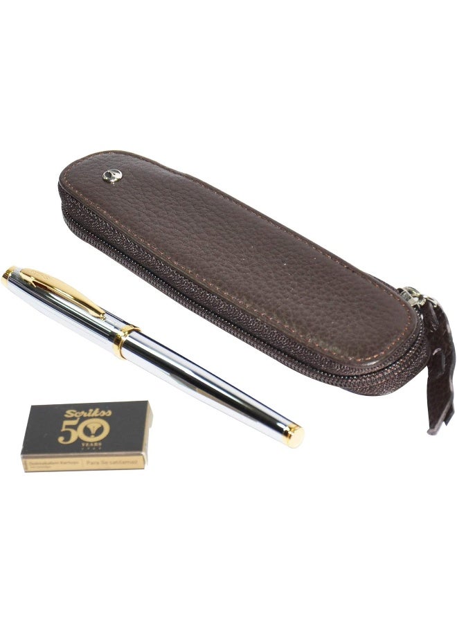 Scrikss Zipper Holder with Roller Pen (1.0mm, OSGT71202) Silver and Brown - Image 1