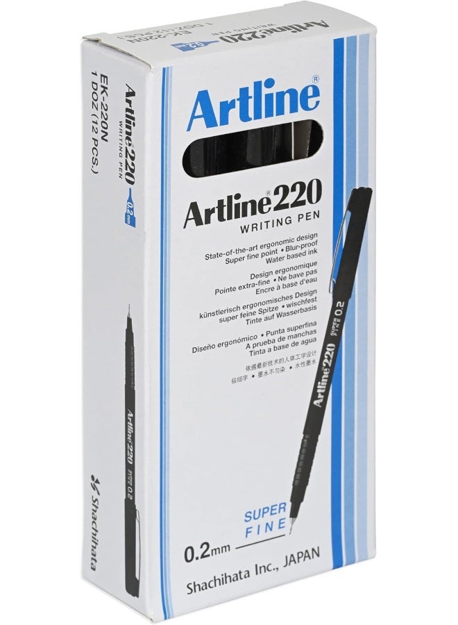 Artline 220 Writing Pen Set, 0.2mm Fine Point, Box of 12, Black Black - Image 2