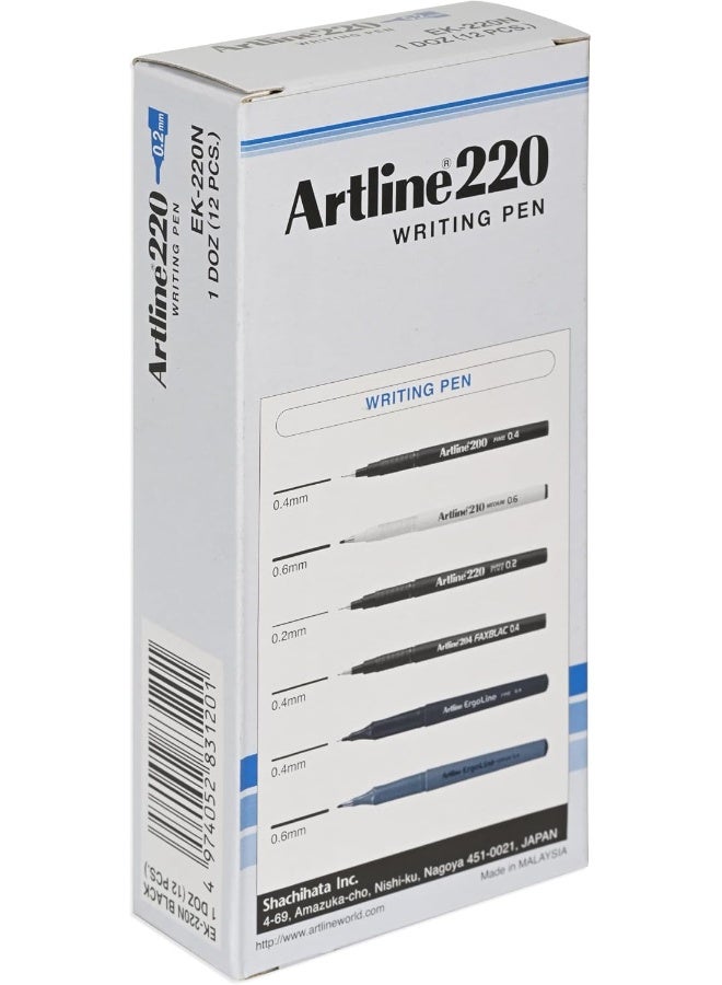 Artline 220 Writing Pen Set, 0.2mm Fine Point, Box of 12, Black Black - Image 4