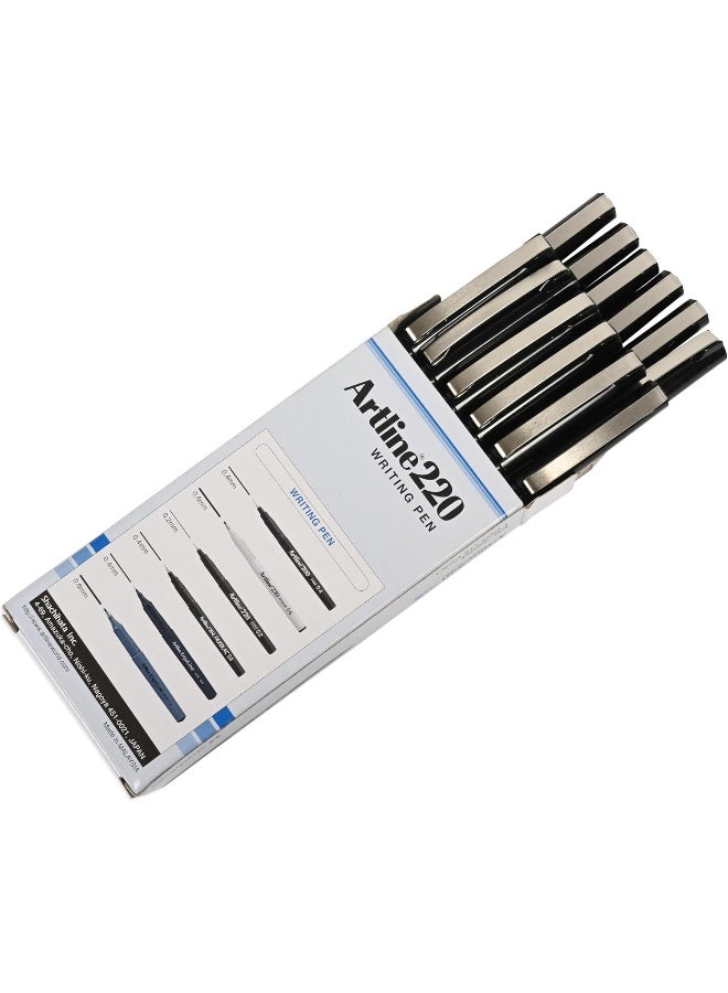 Artline 220 Writing Pen Set, 0.2mm Fine Point, Box of 12, Black Black - Image 1