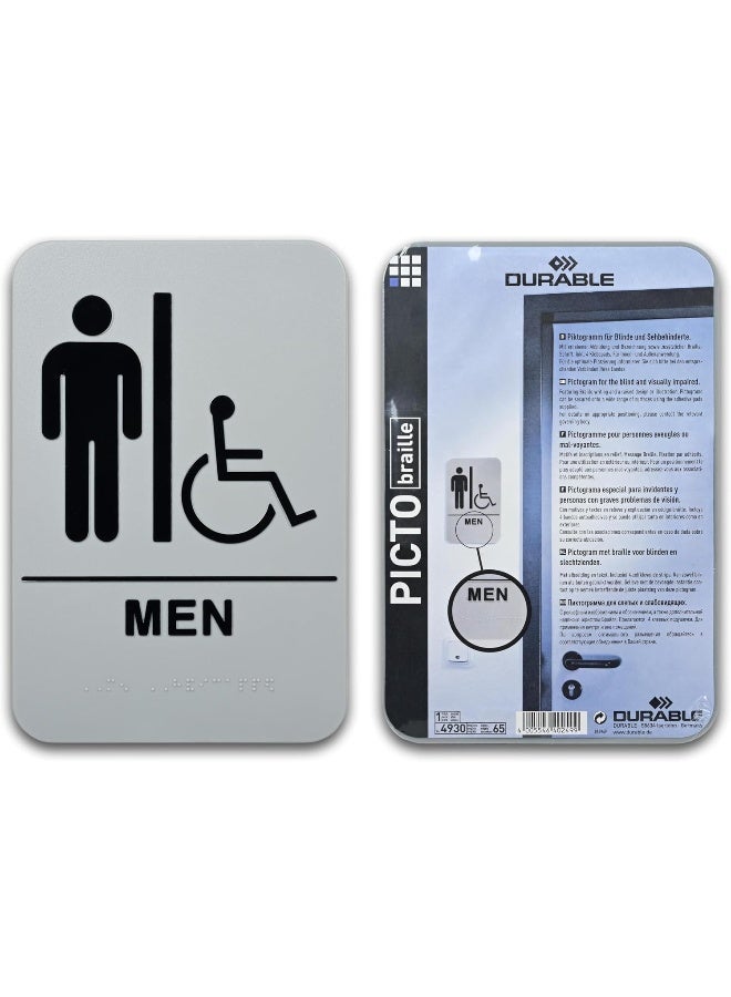 DURABLE 'MEN' Restroom Sign with PWD Pictogram - 227 x 152mm - Braille & Embossed Writing - Adhesive Wall-Mount for Accessibility Grey/Black - Image 4