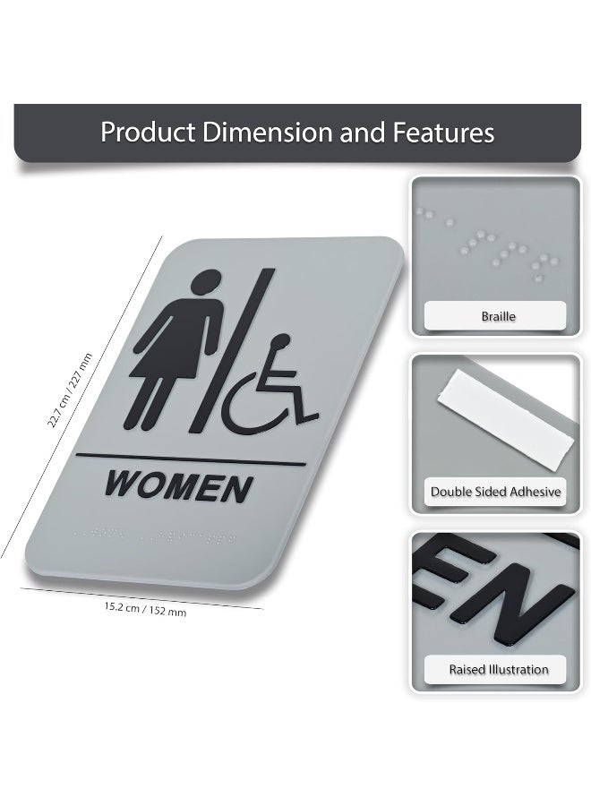 DURABLE Women Restroom Sign with PWD Pictogram - 227 x 152mm with Braille & Embossed Writing Grey/Black - Image 4