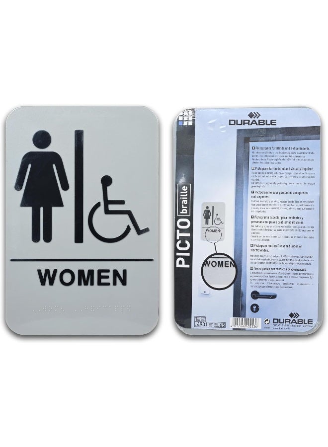 DURABLE Women Restroom Sign with PWD Pictogram - 227 x 152mm with Braille & Embossed Writing Grey/Black - Image 5