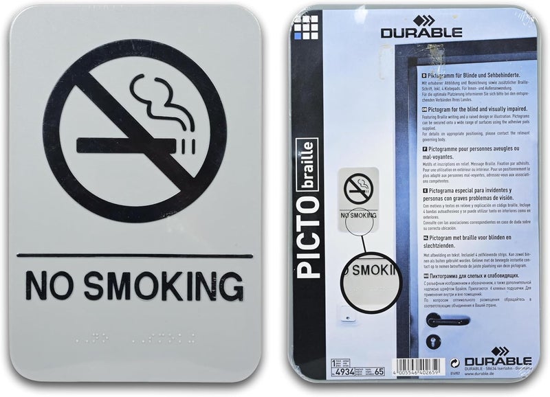 ديورابل لافتة رسم تصويري بنمط ممنوع التدخين مطبوع عليها عبارة "No Smoking" مع كتابة بطريقة برايل رمادي/أسود - Image 5