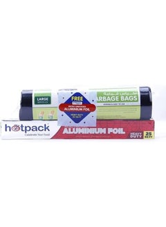 Hotpack Pack of 15-Piece Heavy Duty Garbage Roll Black Large 80x110cm 55 Gallon+Embossed Aluminium Foil 25sqft Black 80x110cm  - Image 2