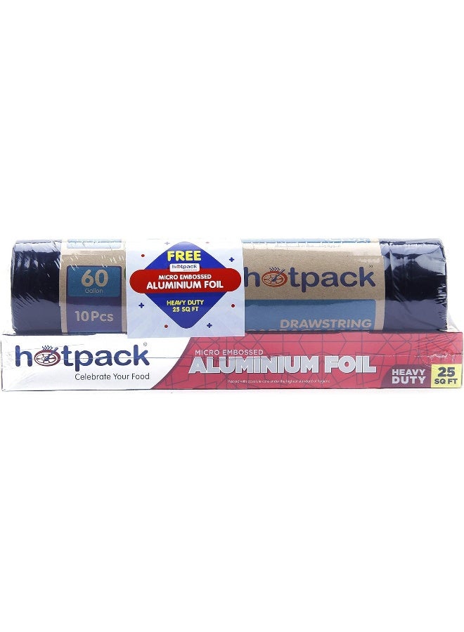 Hotpack Pack of 10-Piece Drawstring Garbage Roll Black 90x110cm 60 Gallon+ Embossed Aluminium Foil 25sqft Black 90x110cm  - Image 3