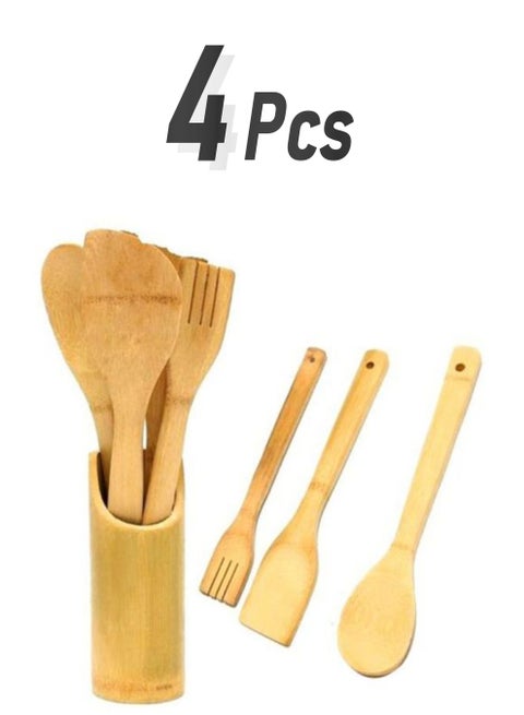 4-Piece Wooden Spoon Set With Stand Beige