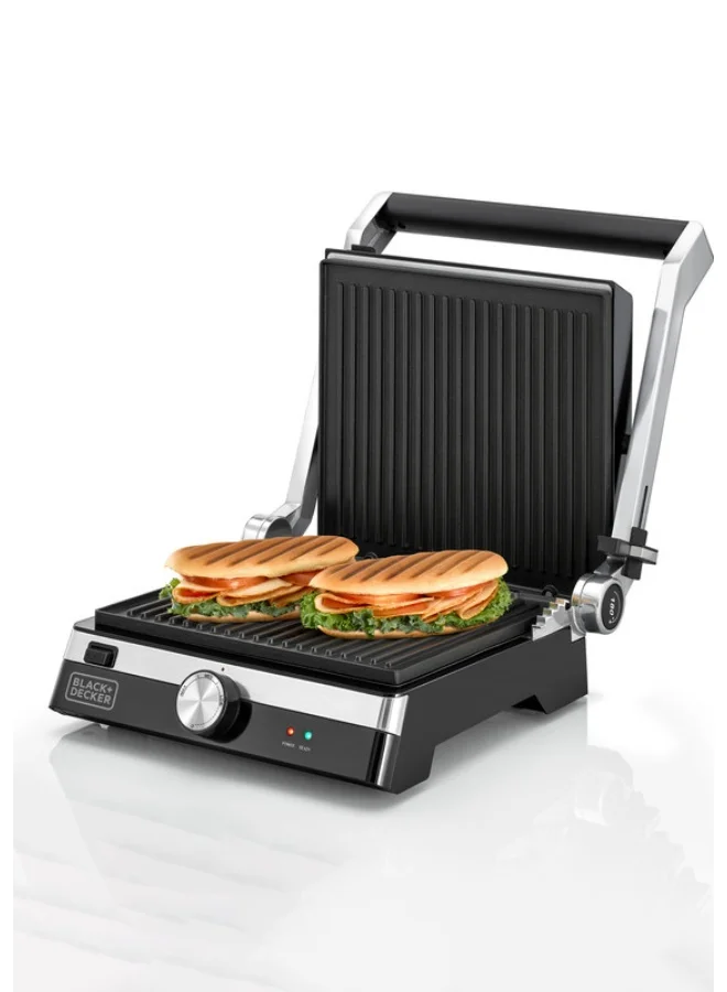 BLACK+DECKER Family Health Grill with 180° Hinge, 1500cm² BBQ Area, 5-Level Height Adjustment, Variable Temperature Control, Removable Drip Tray, Cool-Touch Handle, 2000 W CG2000-B5 Black/Silver