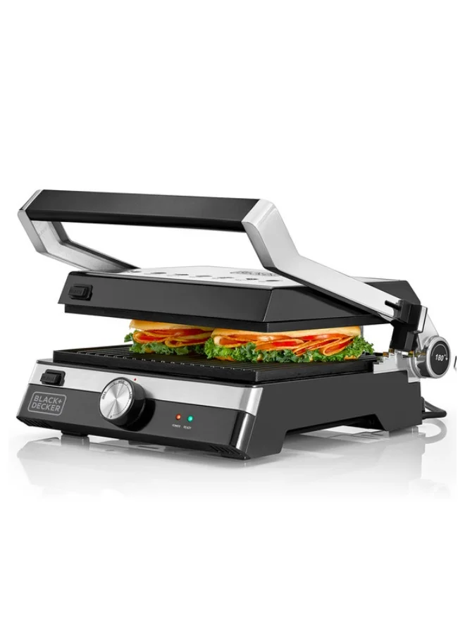 BLACK+DECKER Family Health Grill with 180° Hinge, 1500cm² BBQ Area, 5-Level Height Adjustment, Variable Temperature Control, Removable Drip Tray, Cool-Touch Handle, 2000 W CG2000-B5 Black/Silver