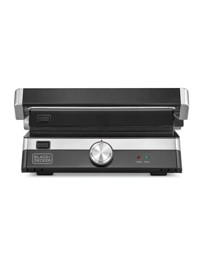 BLACK+DECKER Family Health Grill with 180° Hinge, 1500cm² BBQ Area, 5-Level Height Adjustment, Variable Temperature Control, Removable Drip Tray, Cool-Touch Handle, 2000 W CG2000-B5 Black/Silver