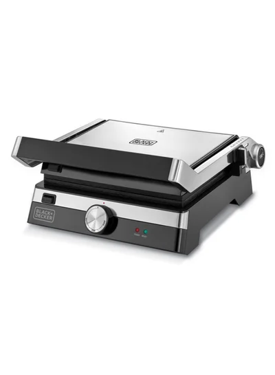 BLACK+DECKER Family Health Grill with 180° Hinge, 1500cm² BBQ Area, 5-Level Height Adjustment, Variable Temperature Control, Removable Drip Tray, Cool-Touch Handle, 2000 W CG2000-B5 Black/Silver