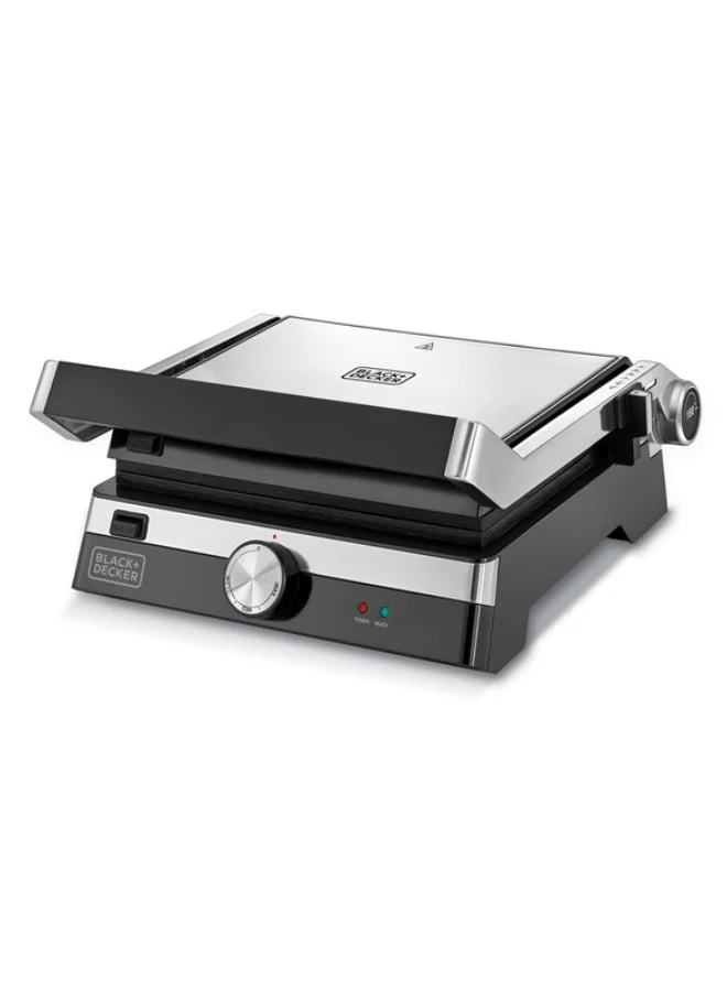 BLACK+DECKER Family Health Grill with 180° Hinge, 1500cm² BBQ Area, 5-Level Height Adjustment, Variable Temperature Control, Removable Drip Tray, Cool-Touch Handle, 2000 W CG2000-B5 Black/Silver