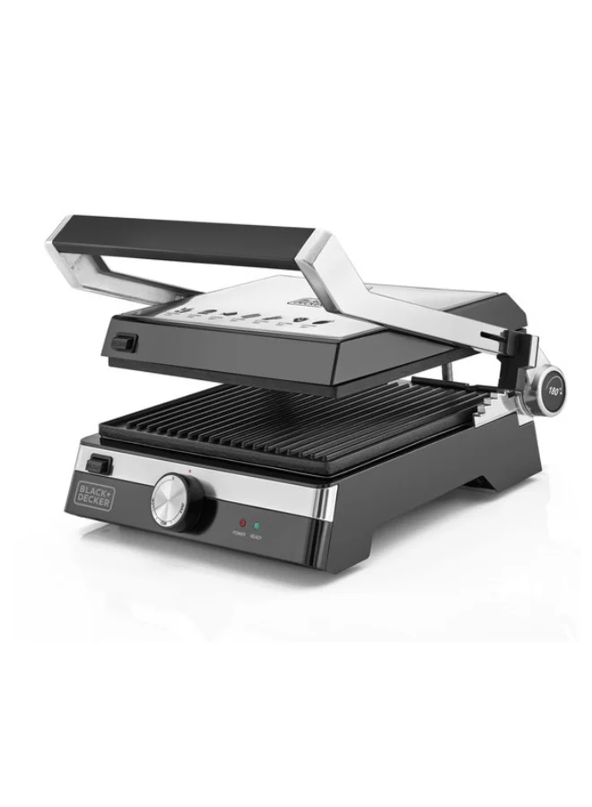 BLACK+DECKER Family Health Grill with 180° Hinge, 1500cm² BBQ Area, 5-Level Height Adjustment, Variable Temperature Control, Removable Drip Tray, Cool-Touch Handle, 2000 W CG2000-B5 Black/Silver