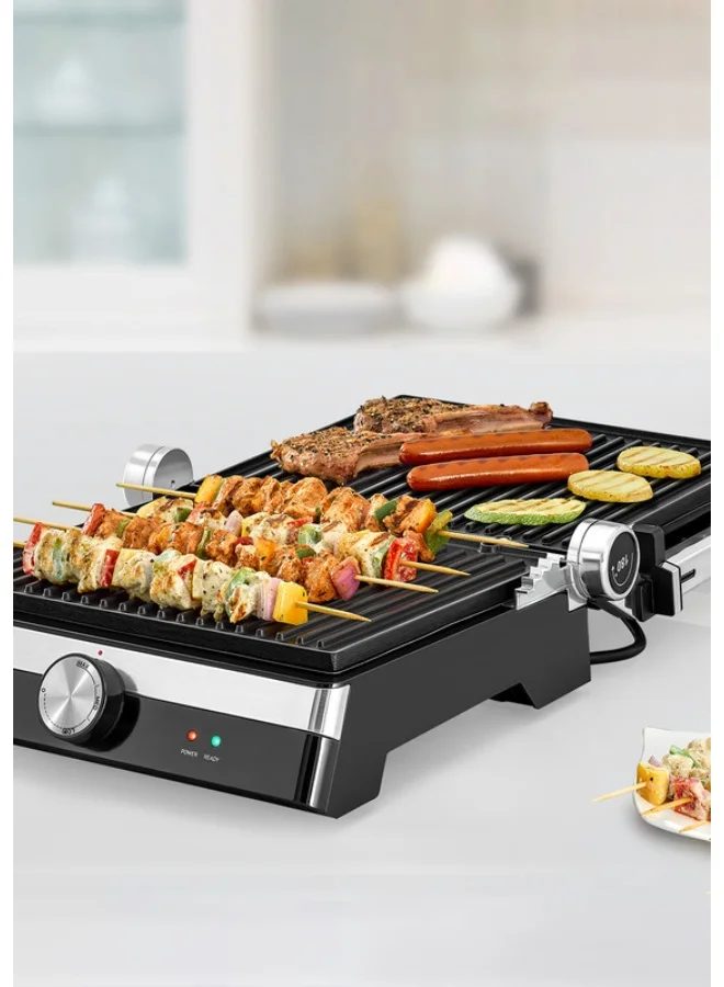BLACK+DECKER Family Health Grill with 180° Hinge, 1500cm² BBQ Area, 5-Level Height Adjustment, Variable Temperature Control, Removable Drip Tray, Cool-Touch Handle, 2000 W CG2000-B5 Black/Silver