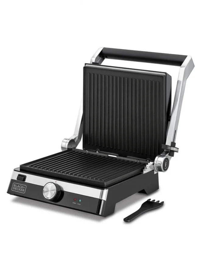 BLACK+DECKER Family Health Grill with 180° Hinge, 1500cm² BBQ Area, 5-Level Height Adjustment, Variable Temperature Control, Removable Drip Tray, Cool-Touch Handle, 2000 W CG2000-B5 Black/Silver