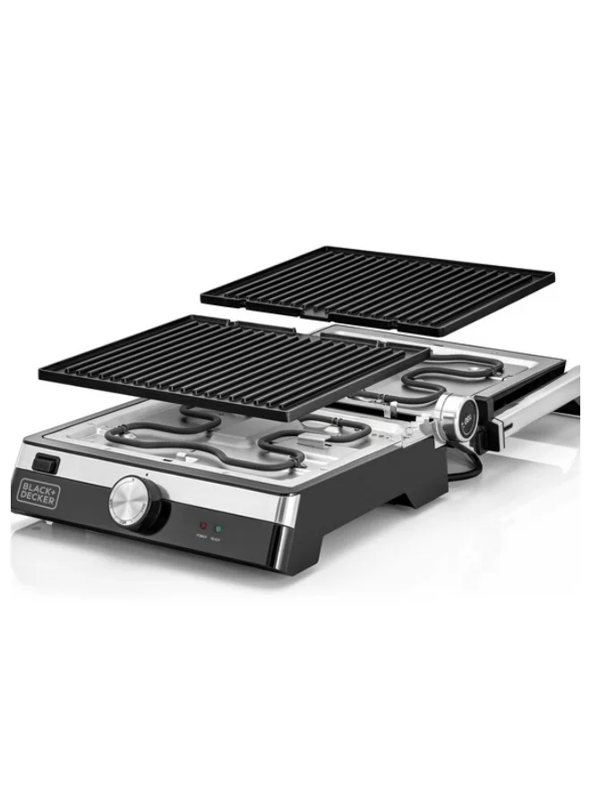 BLACK+DECKER Family Health Grill with 180° Hinge, 1500cm² BBQ Area, 5-Level Height Adjustment, Variable Temperature Control, Removable Drip Tray, Cool-Touch Handle, 2000 W CG2000-B5 Black/Silver