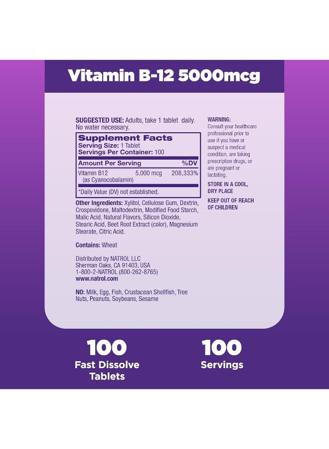 Natrol Vitamin B12 Fast Dissolve, 5000mcg 100 Tablets Packaging May Vary - Image 4