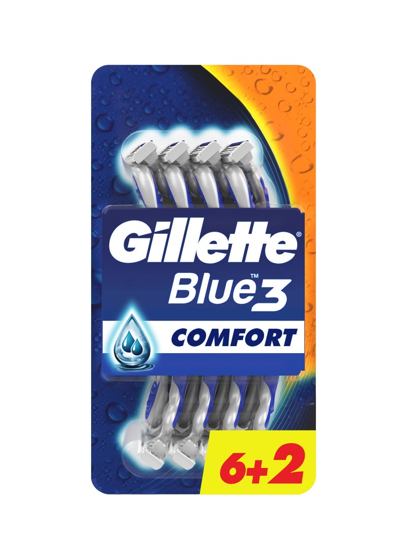 Gillette Blue3 Comfort Men's Disposable Razors: 6+2 Count Blue/Silver - Image 1