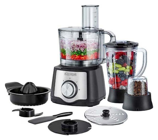 بلاك اند ديكر محضر طعام عائلي 650 واط، 29 وظيفة، خلاط، مطحنة، عصارة، عجانة، شفرات من الفولاذ المقاوم للصدأ، سرعتين + وظيفة النبض، قرص تقطيع وتمزيق عكسي، تصميم مدمج 6 في 1 W FX650-B5 600 W FX650-B5 أسود - Image 1