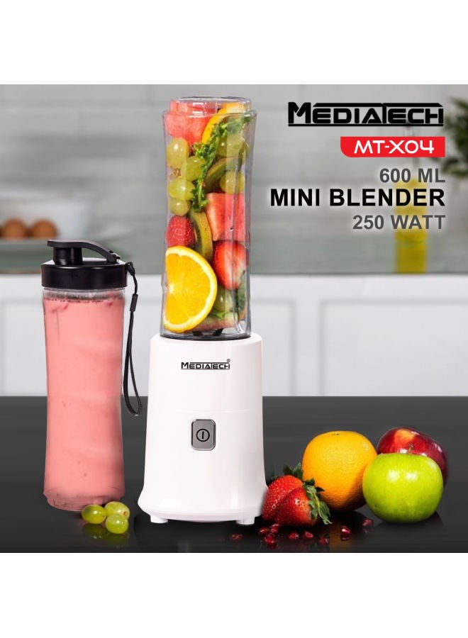 Media Tech - Personal Blender Smoothie Blender/Smoothie Maker, Copper Motor, Tritan Smoothie 2Go Bottle And Lid, Ice Crush Function 600 ml 250 W MT-X04 White/Clear - Image 1