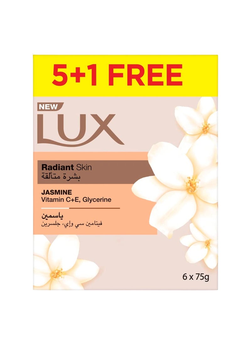 Lux Bar Soap For Radiant Skin Jasmine With Vitamin C, E And Glycerine Pack of 6 75grams 