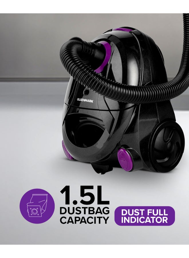 Olsenmark Vacuum Cleaner With Dust Bag 1400W OMVC1782, Powerful Suction, Dust Full Indicator,Dust Bag capacity 1.5L, Flexible Hose With Airflow On Handle, Pedal Switch And Auto-Rewinding Wire 1.5 L 1400 W OMVC1782 Black/Purple - Image 5