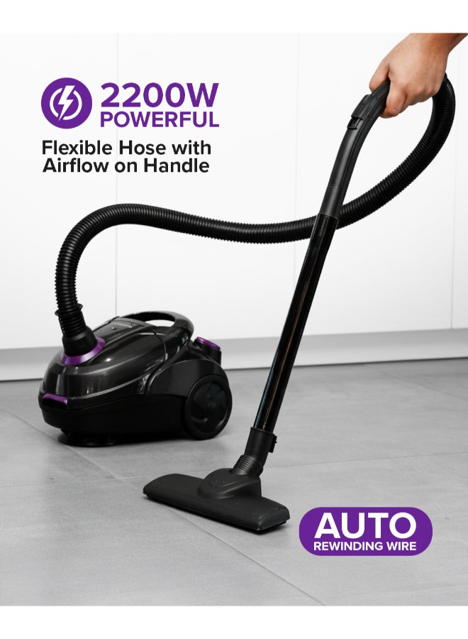 Olsenmark Vacuum Cleaner With Dust Bag 1400W OMVC1782, Powerful Suction, Dust Full Indicator,Dust Bag capacity 1.5L, Flexible Hose With Airflow On Handle, Pedal Switch And Auto-Rewinding Wire 1.5 L 1400 W OMVC1782 Black/Purple - Image 3