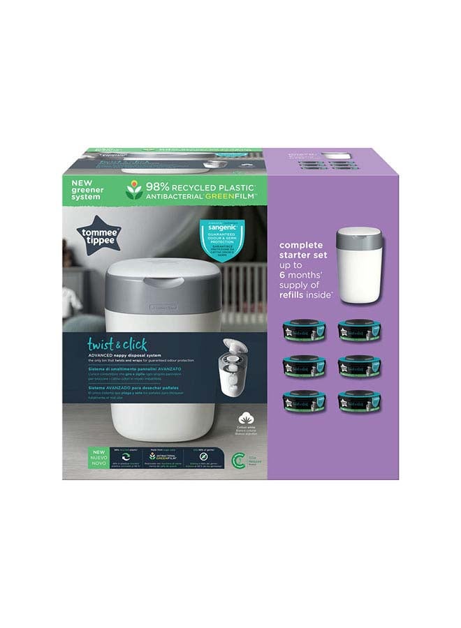 tommee tippee - Twist And Click Advanced Nappy Bin Starter Set, Eco-Friendlier System With 6x Refill Cassettes With Sustainably Sourced Antibacterial Greenfilm, White - Image 1