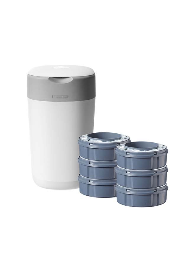 tommee tippee - Twist And Click Advanced Nappy Bin Starter Set, Eco-Friendlier System With 6x Refill Cassettes With Sustainably Sourced Antibacterial Greenfilm, White - Image 1