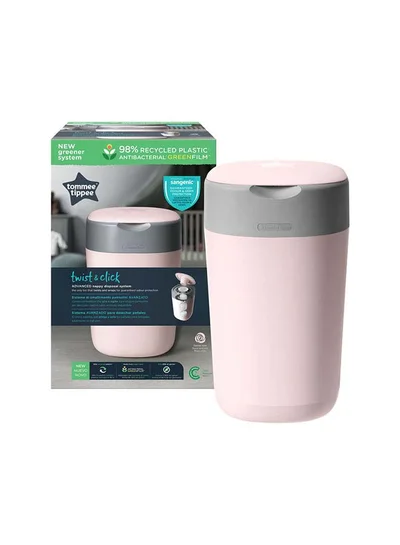 tommee tippee Twist and Click Advanced Nappy Bin, Eco-Friendlier System, Includes 1x Refill Cassette with Sustainably Sourced Antibacterial GREENFILM, Blue