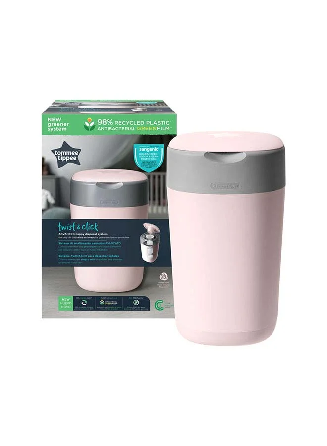 tommee tippee Twist And Click Advanced Nappy Bin, Eco-Friendlier System, Includes 1x Refill Cassette With Sustainably Sourced Antibacterial Greenfilm, Pink